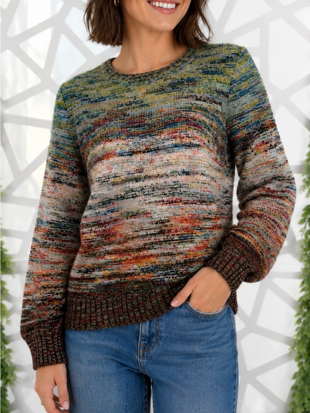 Peruvian Connection Baby Alpaca Blend Multicolor Space Dye Knit Crewneck Sweater